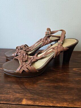 Solanz Woven Leather Strappy Heeled Sandals Brown Size 9